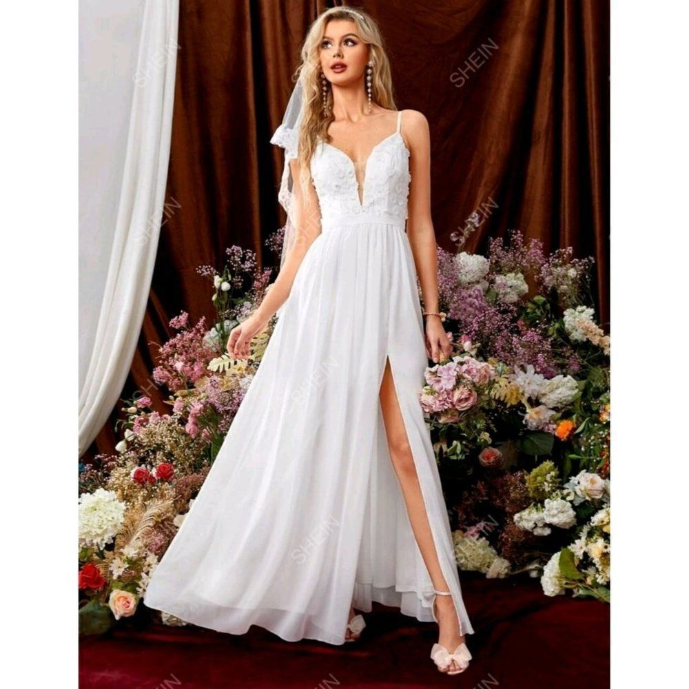 SHEIN Belle Split Thigh Wedding Dress White Women's Sz XL/12